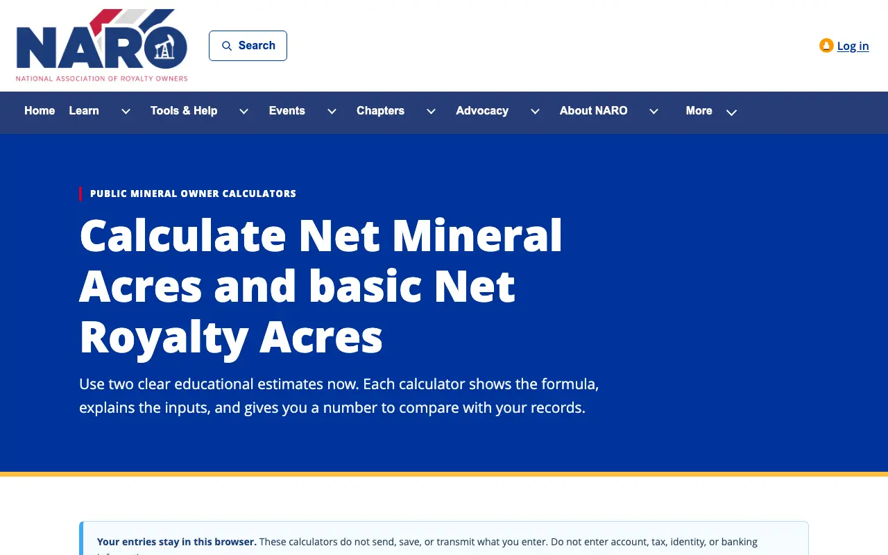 Screenshot of the NARO mineral owner calculators website