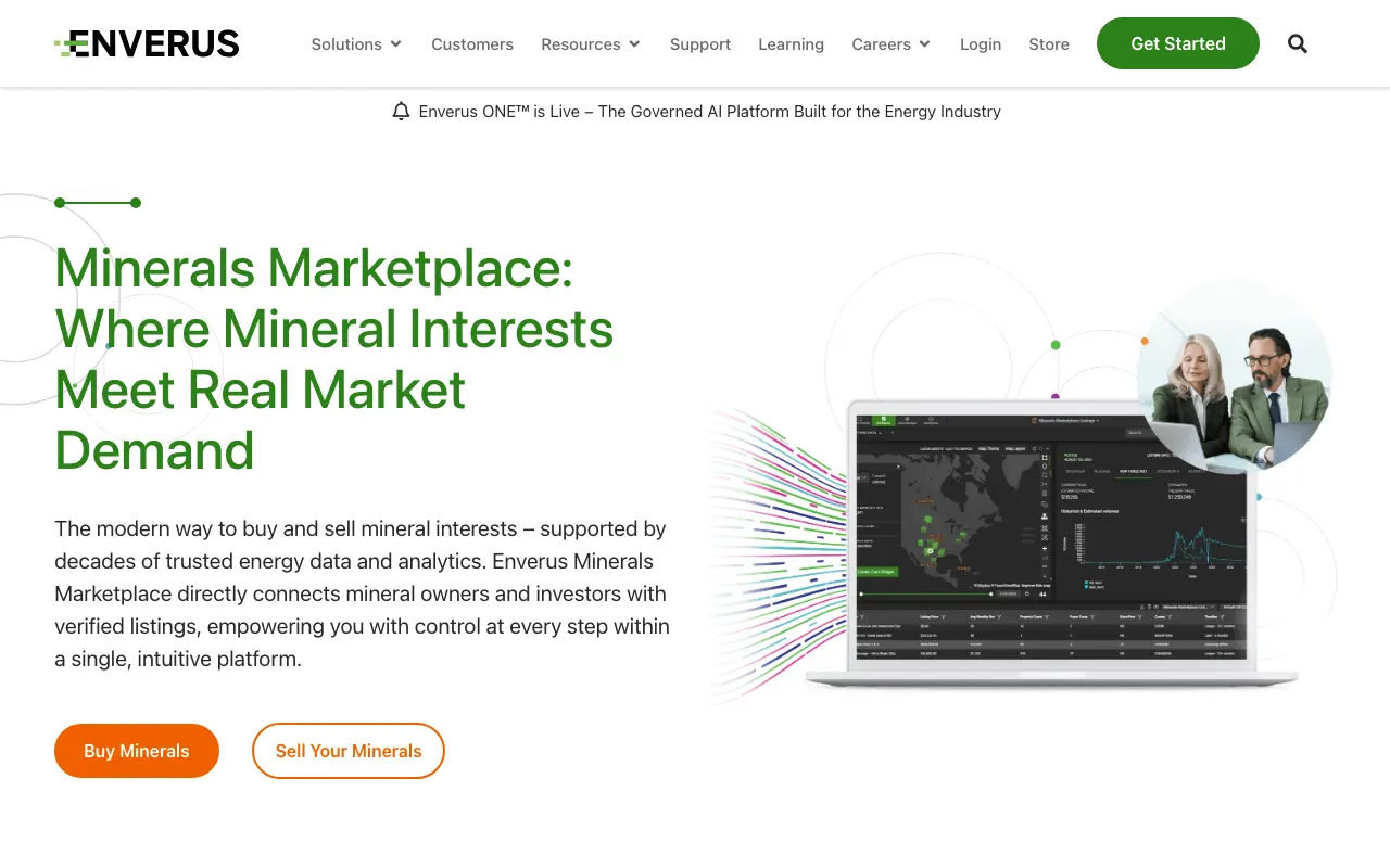 Screenshot of the Enverus Minerals Marketplace website