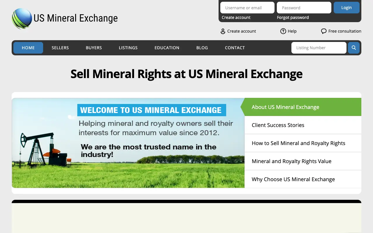 Screenshot of the US Mineral Exchange website