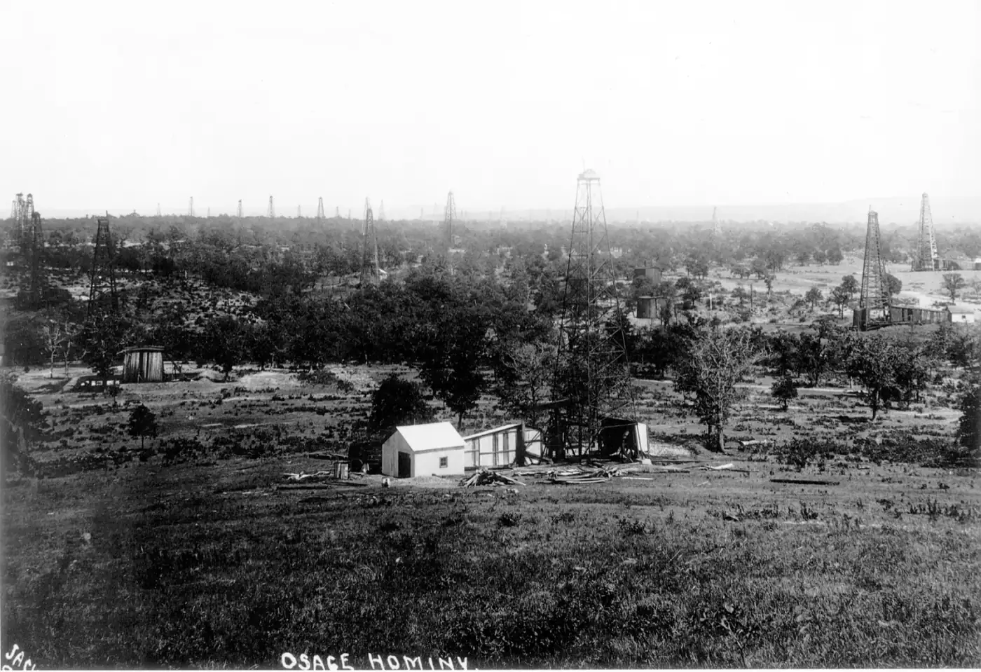 Oil and gas in Oklahoma: oil derricks spread across the Hominy oil field in Osage County, Oklahoma, around 1918