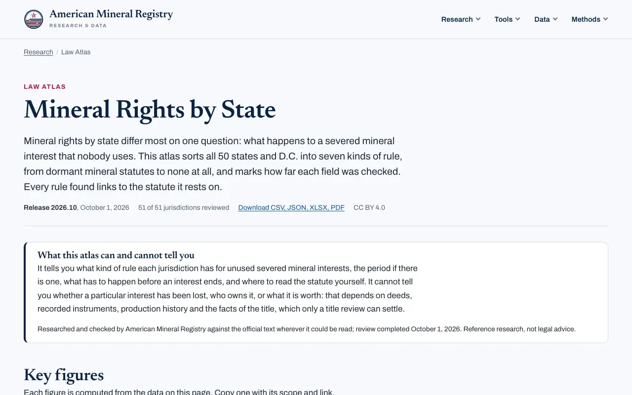 Screenshot of the AMR Mineral Rights by State website