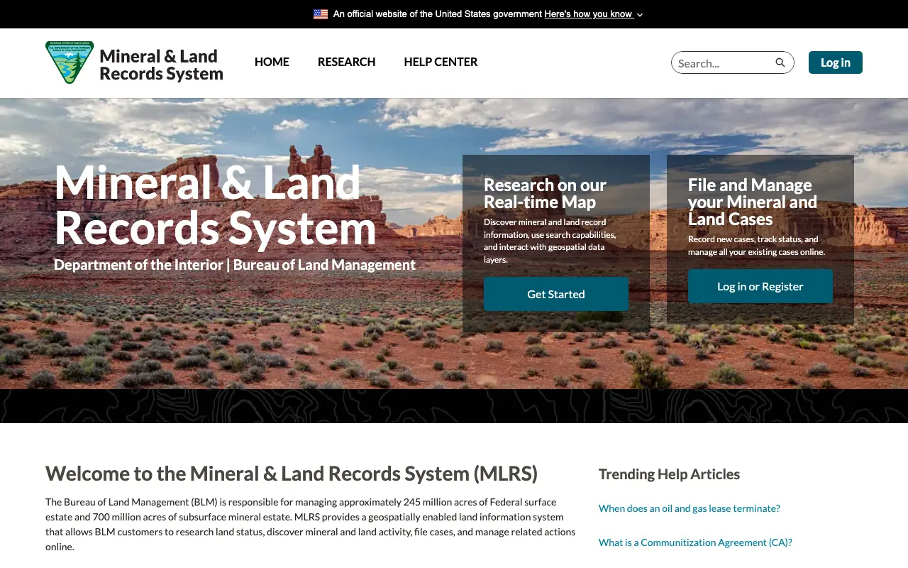 Screenshot of the BLM Mineral & Land Records System website