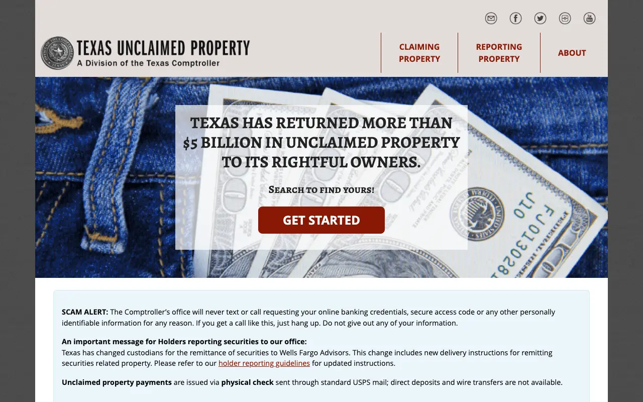 Screenshot of the Unclaimed property programs and MissingMoney website