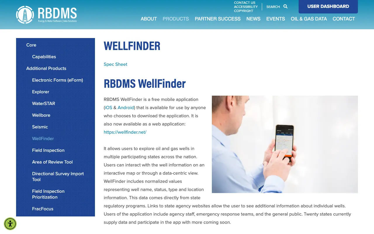 Screenshot of the RBDMS WellFinder website