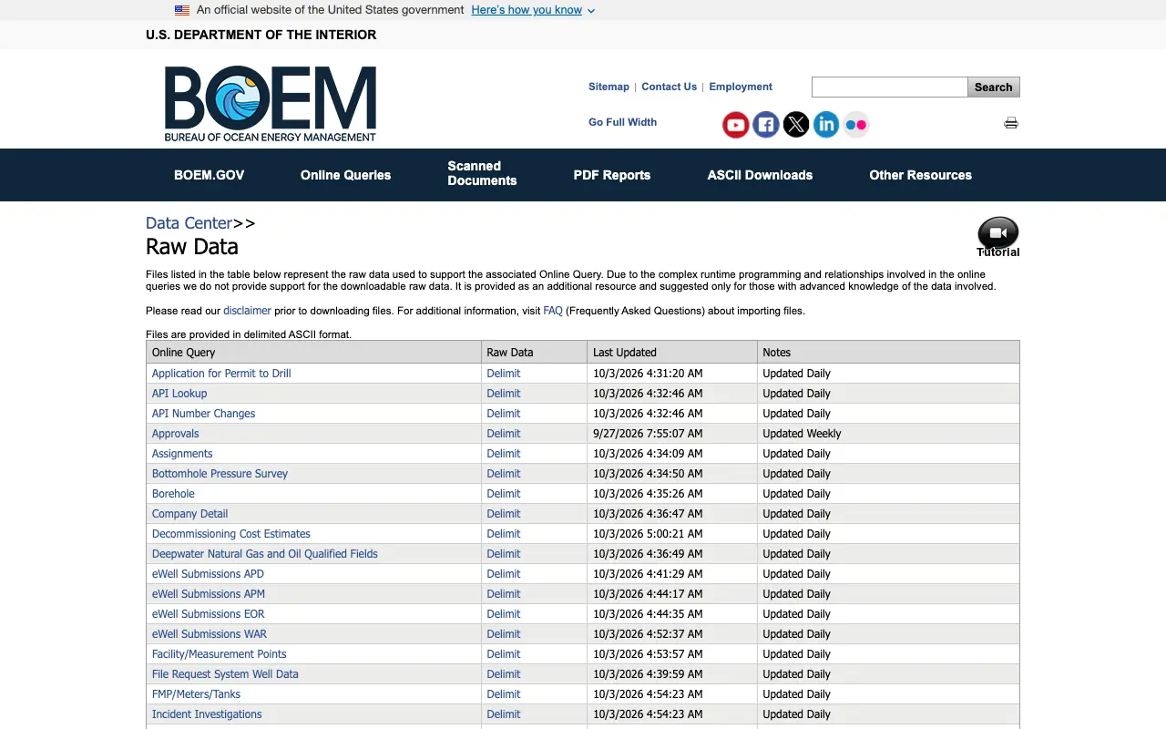 Screenshot of the BOEM Data Center raw data website