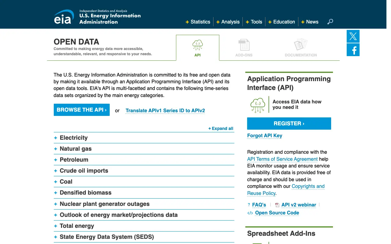 Screenshot of the EIA Open Data API and bulk files website