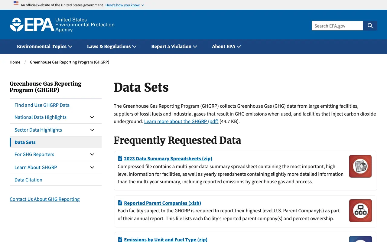 Screenshot of the EPA Greenhouse Gas Reporting Program, oil and gas website