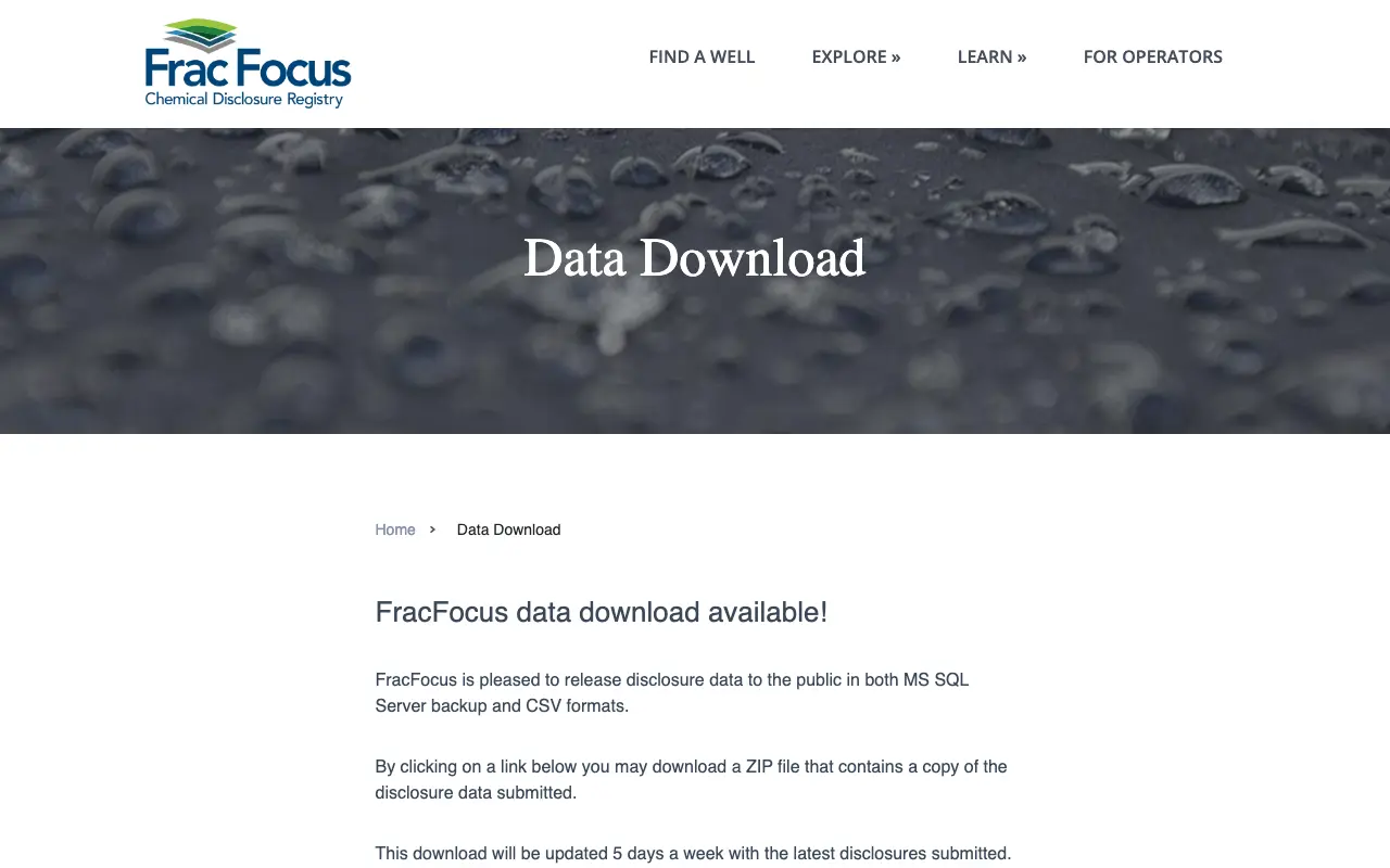 Screenshot of the FracFocus data download website