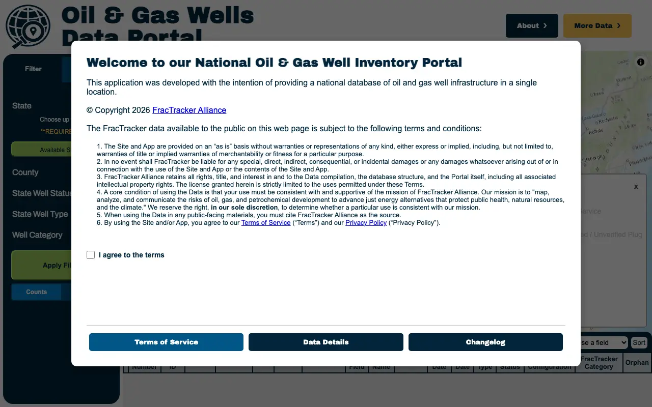 Screenshot of the FracTracker oil and gas wells portal website