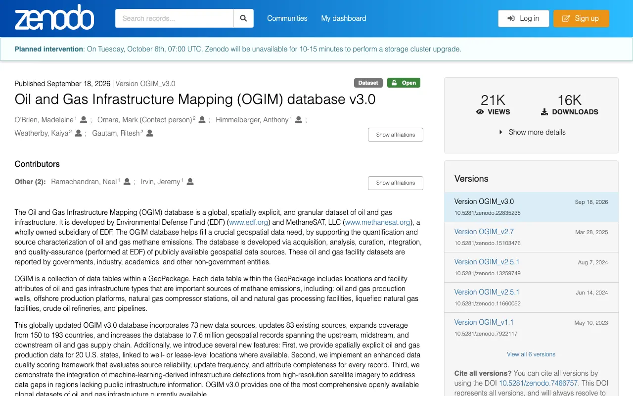 Screenshot of the OGIM, Oil and Gas Infrastructure Mapping website
