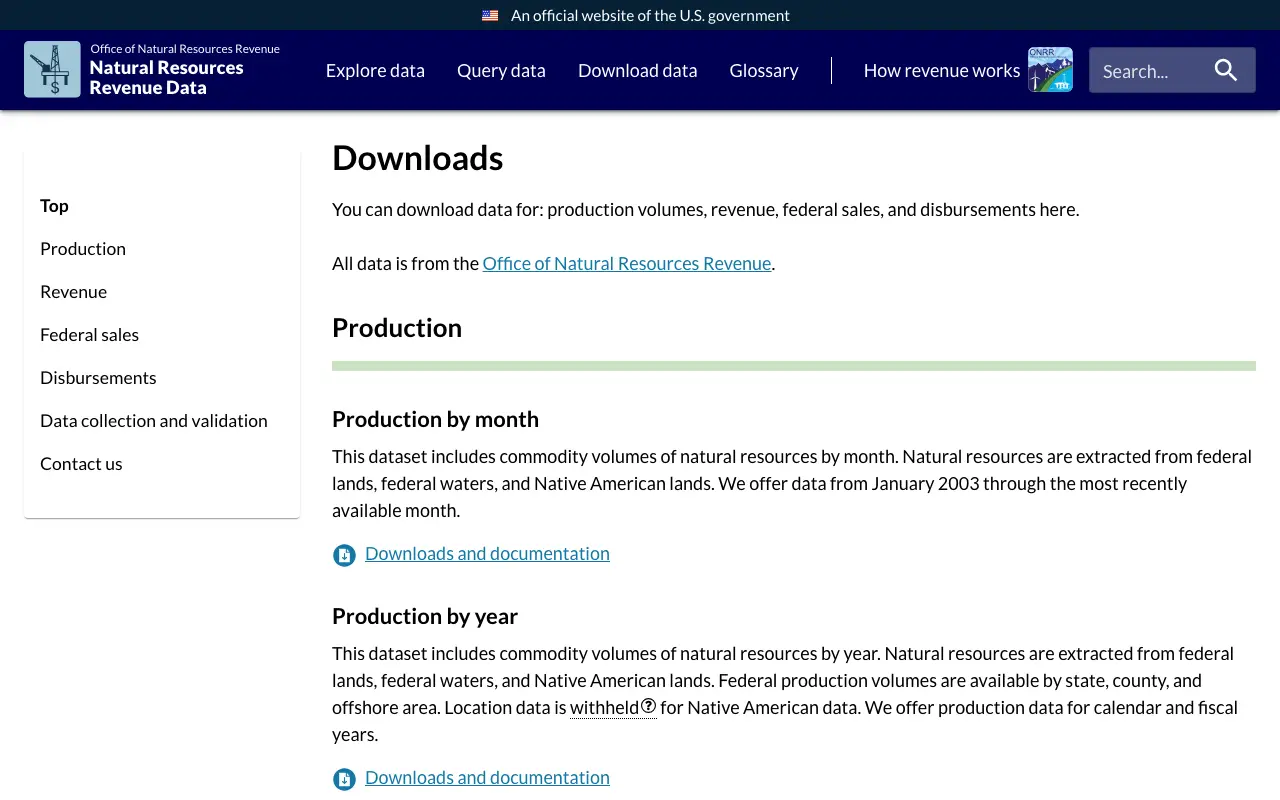 Screenshot of the ONRR Natural Resources Revenue Data website