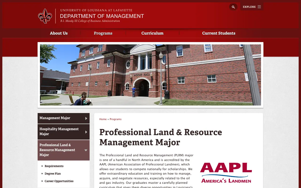 Screenshot of the University of Louisiana at Lafayette website