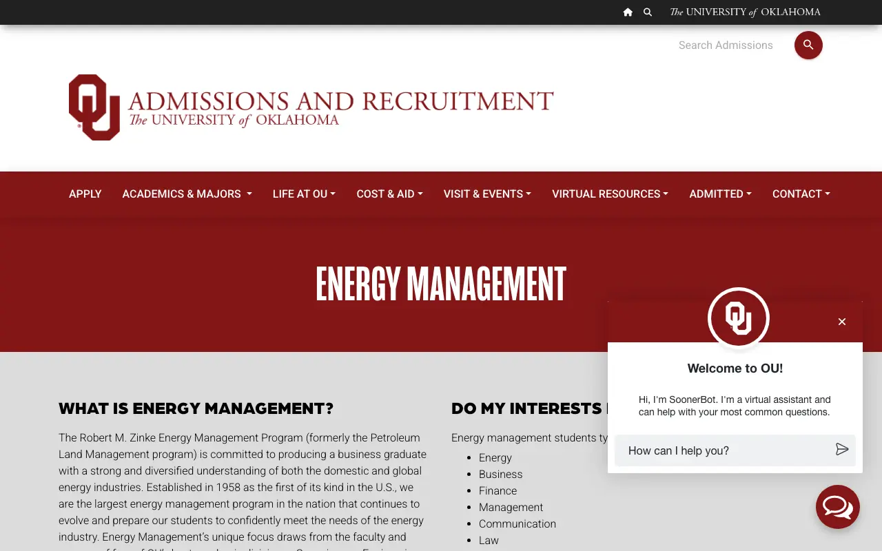 Screenshot of the University of Oklahoma website