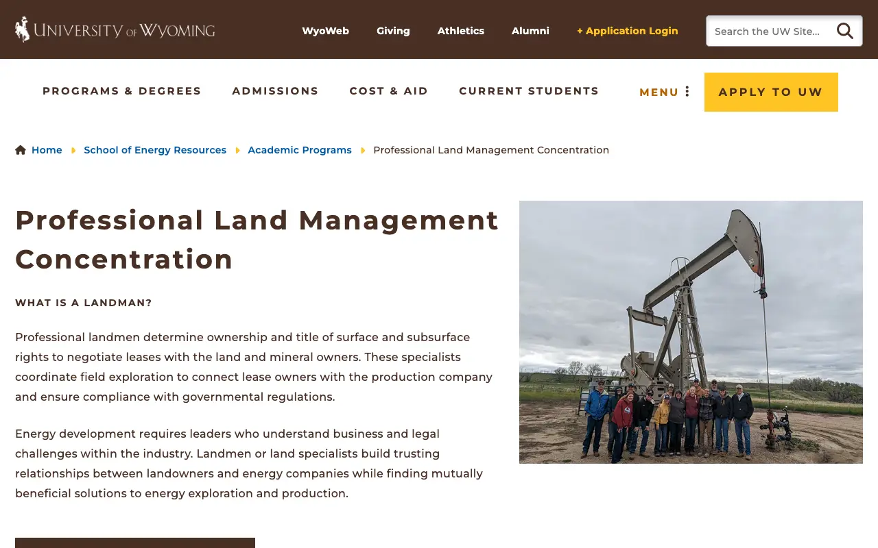 Screenshot of the University of Wyoming website