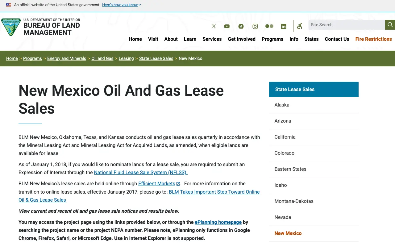 Screenshot of the BLM New Mexico website