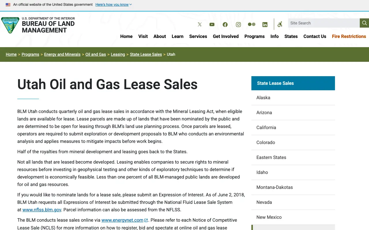 Screenshot of the BLM Utah website