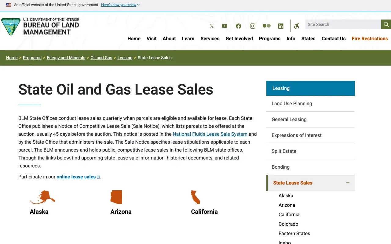 Screenshot of the Bureau of Land Management website