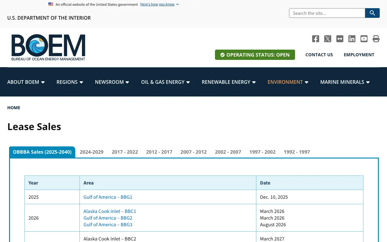 Screenshot of the Bureau of Ocean Energy Management website