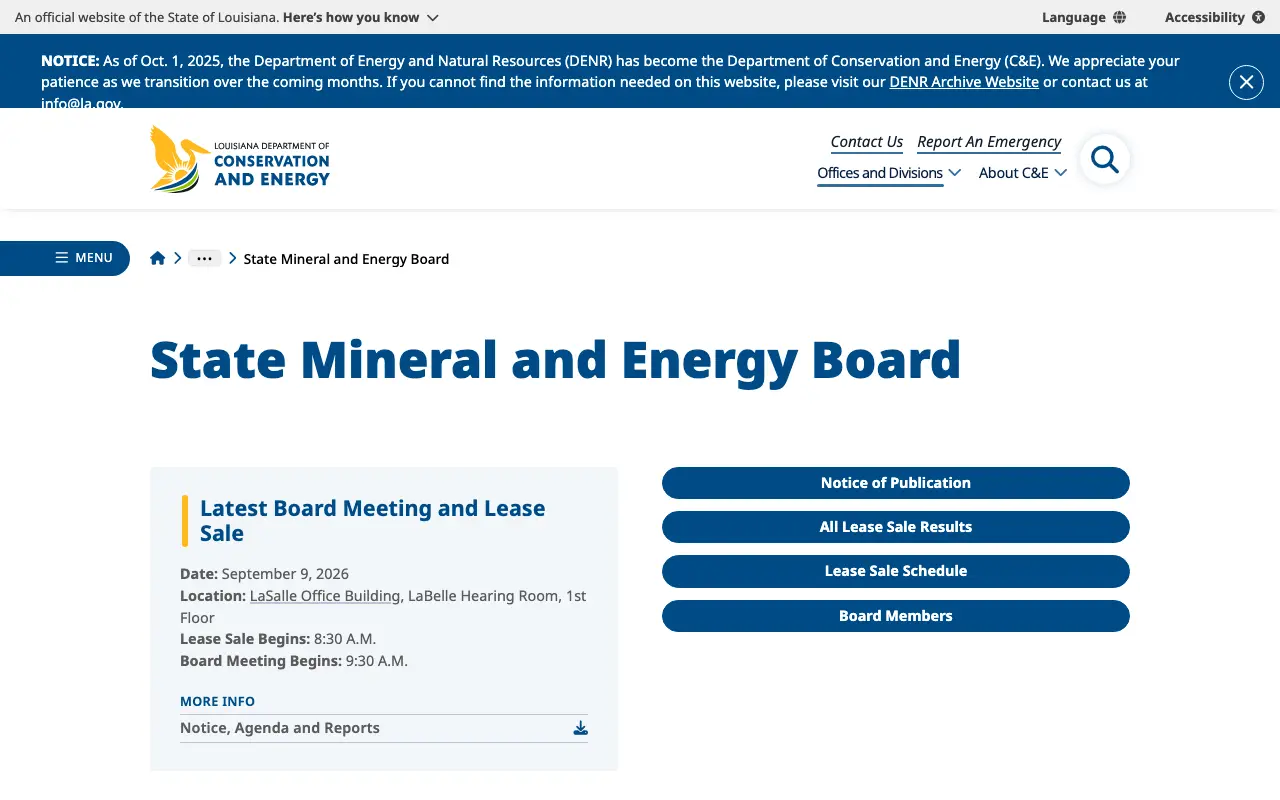 Screenshot of the Louisiana State Mineral and Energy Board website
