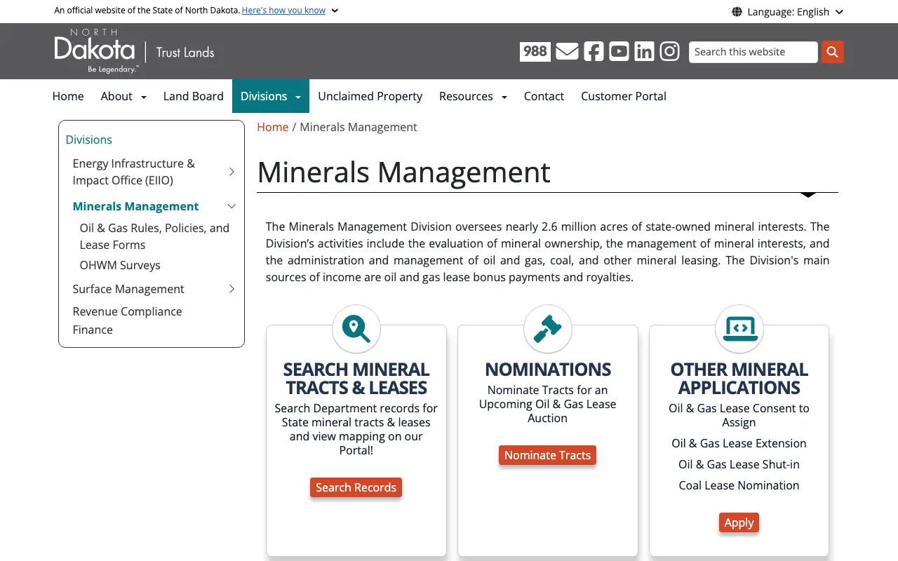 Screenshot of the North Dakota Department of Trust Lands website