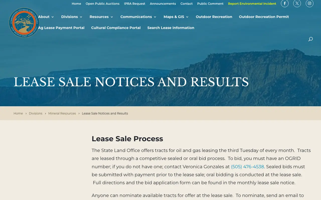 Screenshot of the New Mexico State Land Office website